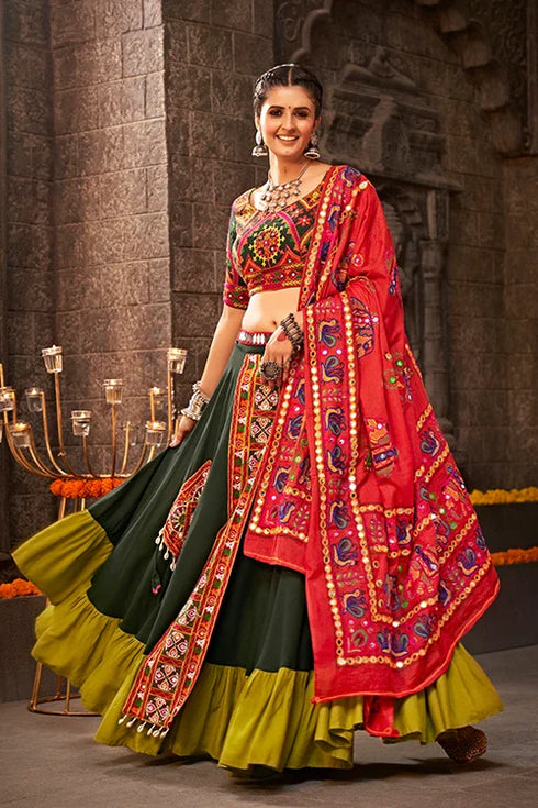 Shubhkala Green Color Embroidered Ethnic Tradtional Navratri Special Chaniya Choli